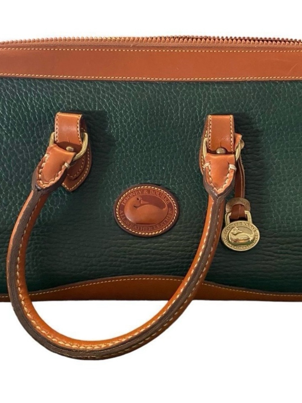 Dooney & Bourke Forest Green Pebble Leather Satchel with Tan Trim